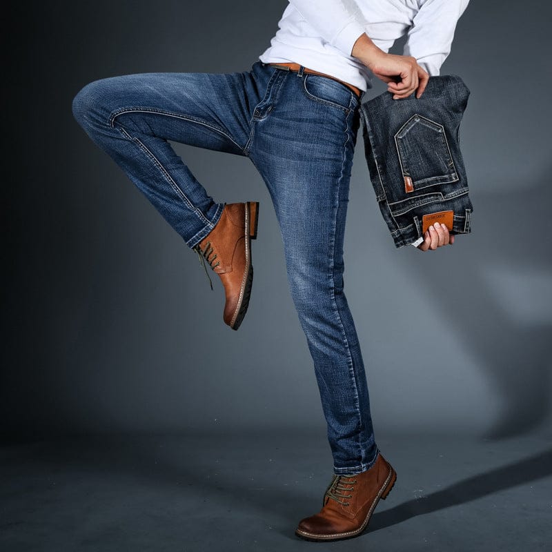 Men's Stretch Denim Mid Rise Tapered Jeans Slim Fit