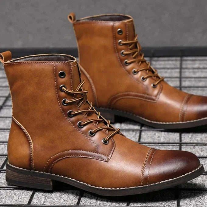 Men's Burnished Leather Cap Toe Lace Up Boots