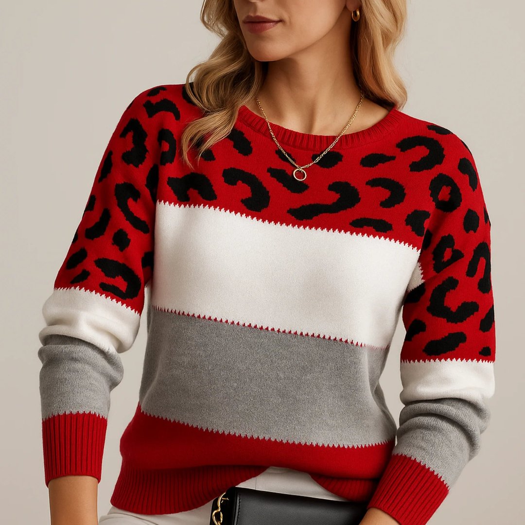 Women's Soft Knit Leopard Colour Block Sweater Flattering Fit