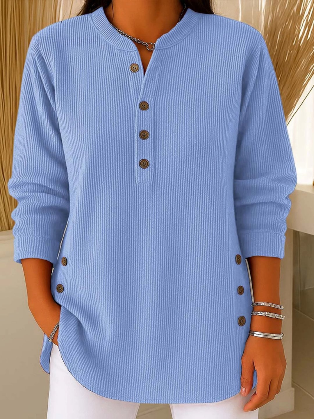 Women's Button Henley Long Tunic Top Flattering Fit