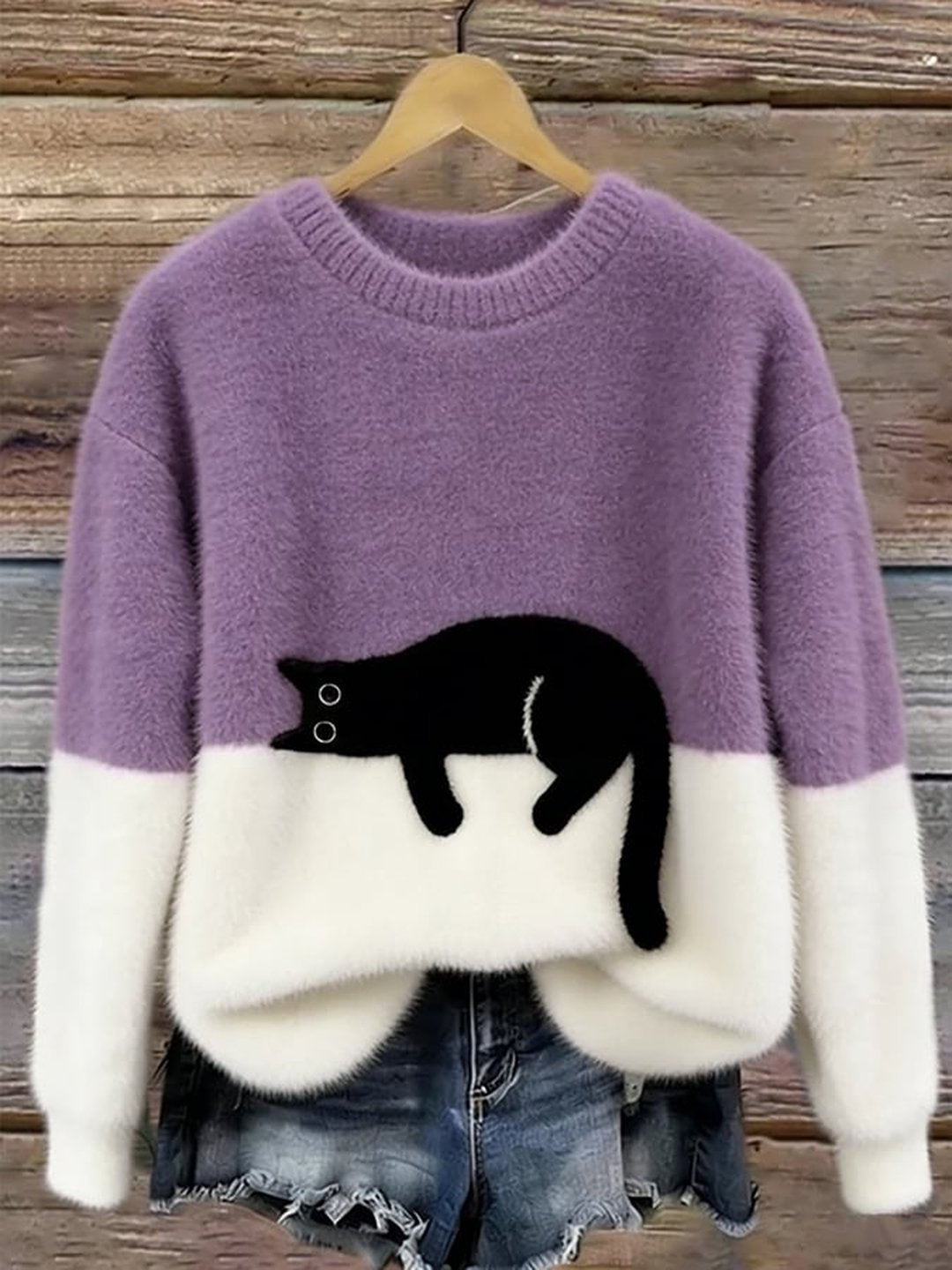 Women's Soft Knit Cat Print Pullover Sweater Oversized Fit