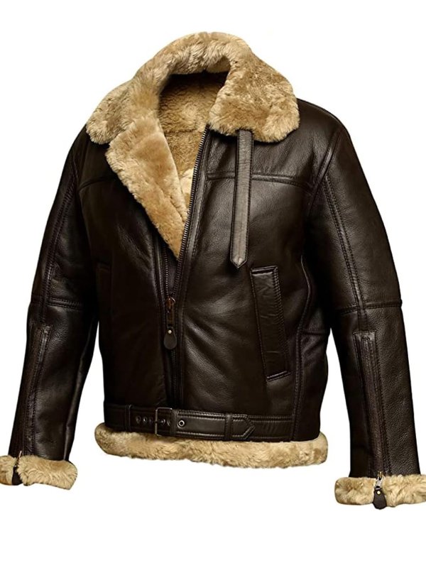 Men's Sheepskin Lined Genuine Leather Jacket Brown