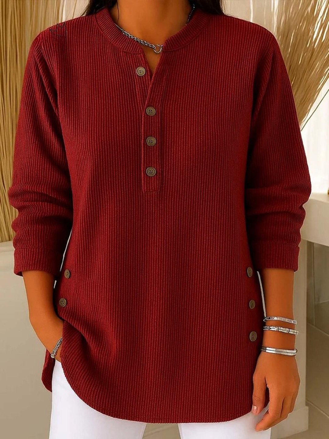 Women's Button Henley Long Tunic Top Flattering Fit