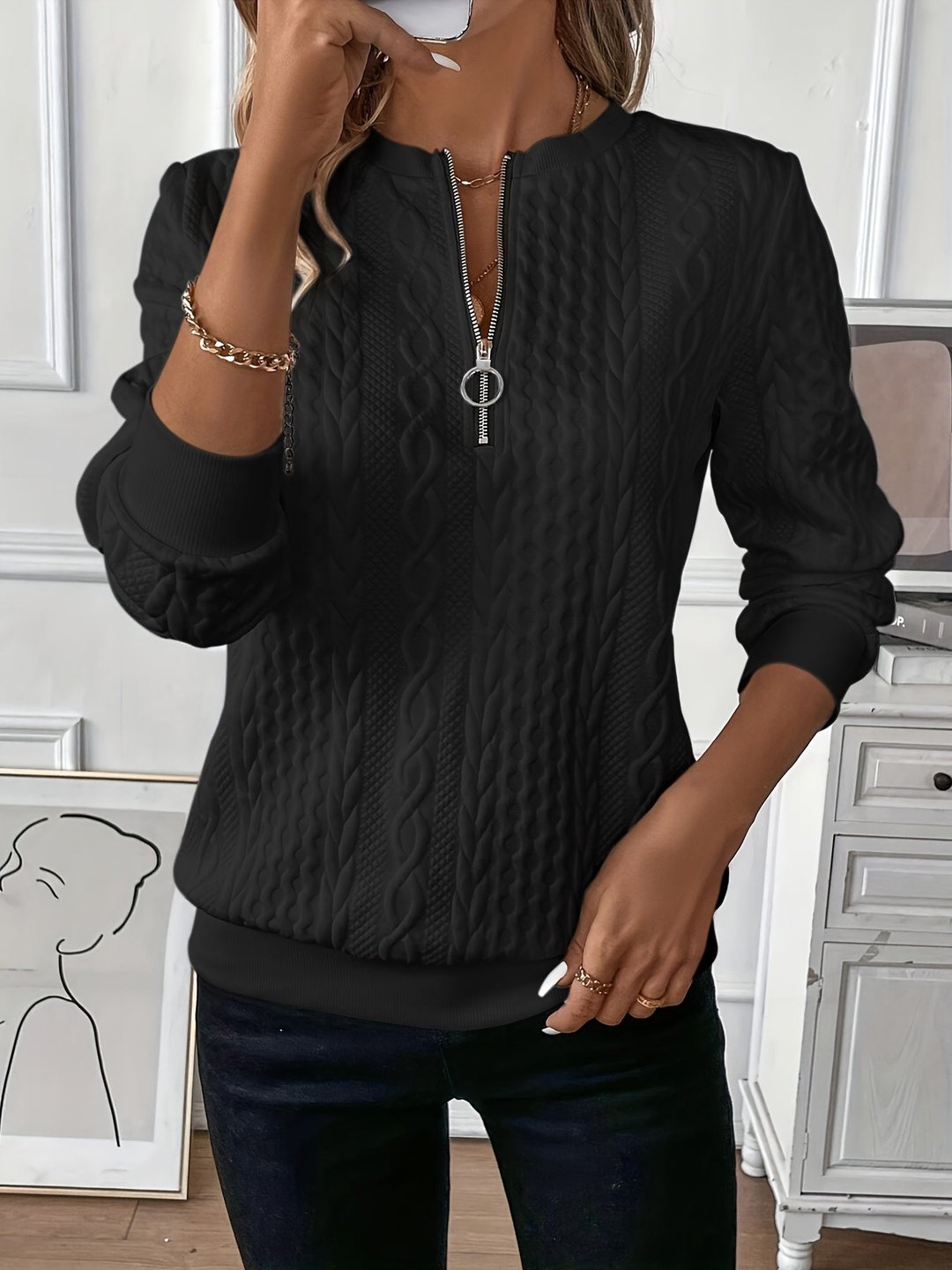 Women's Textured Knit Quarter Zip Jumper Flattering Fit
