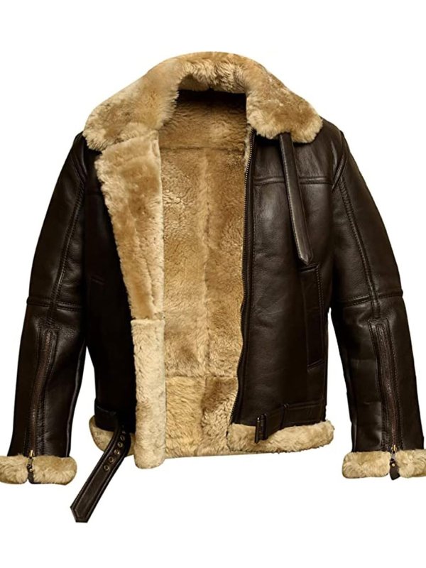 Men's Sheepskin Lined Genuine Leather Jacket Brown