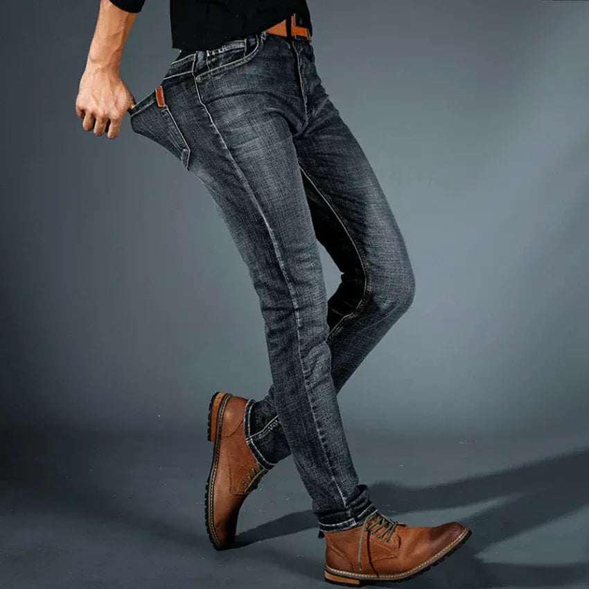Men's Stretch Denim Mid Rise Tapered Jeans Slim Fit