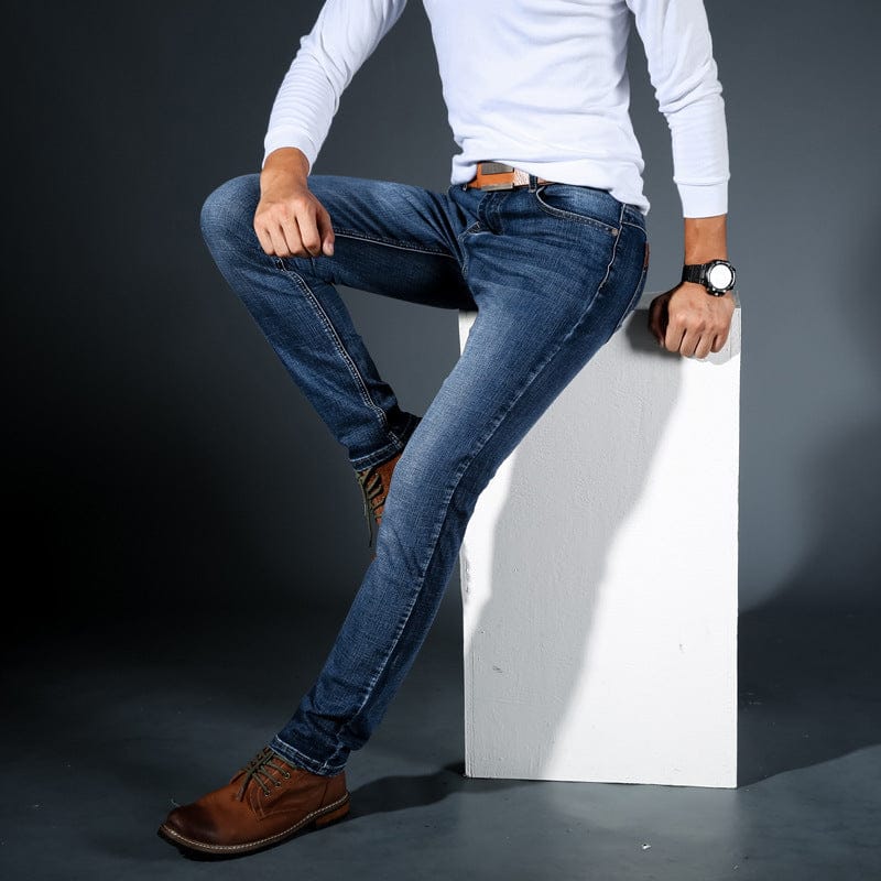 Men's Stretch Denim Mid Rise Tapered Jeans Slim Fit
