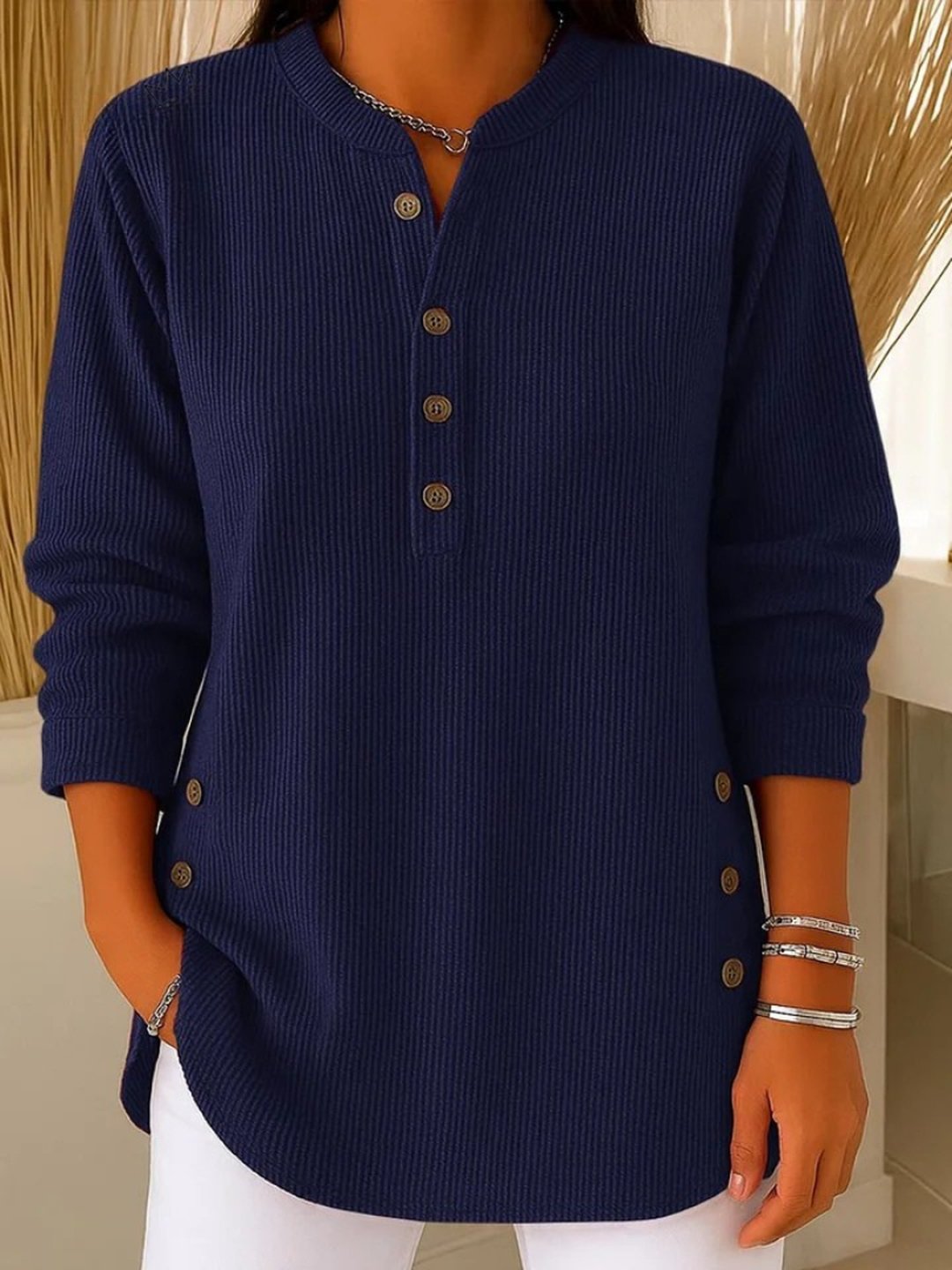 Women's Button Henley Long Tunic Top Flattering Fit