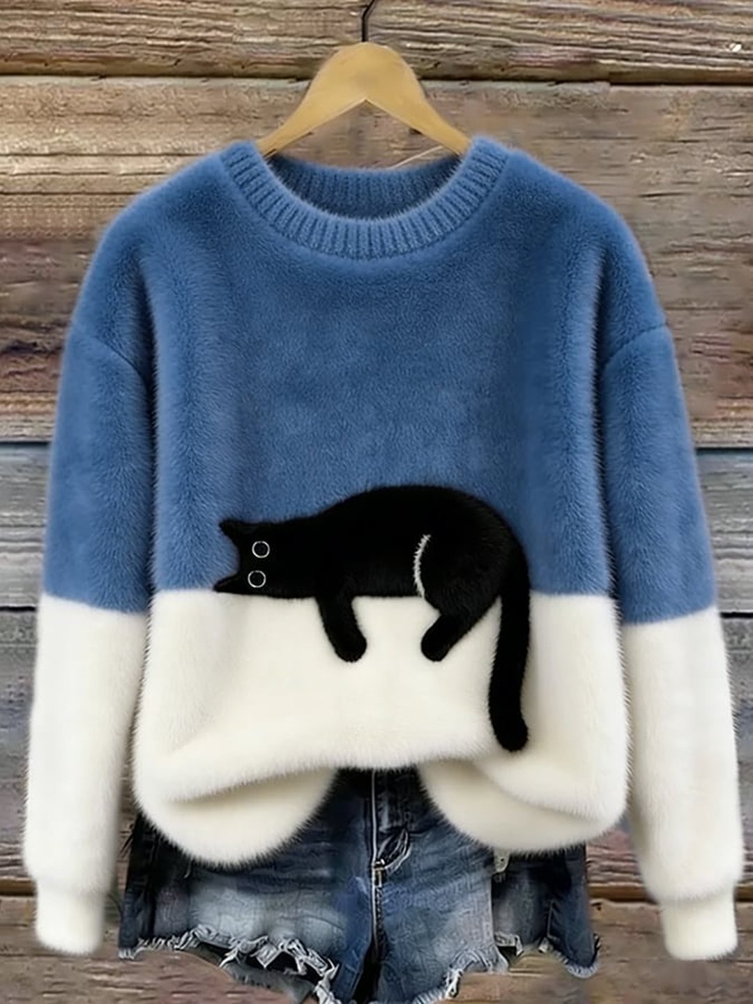 Women's Soft Knit Cat Print Pullover Sweater Oversized Fit