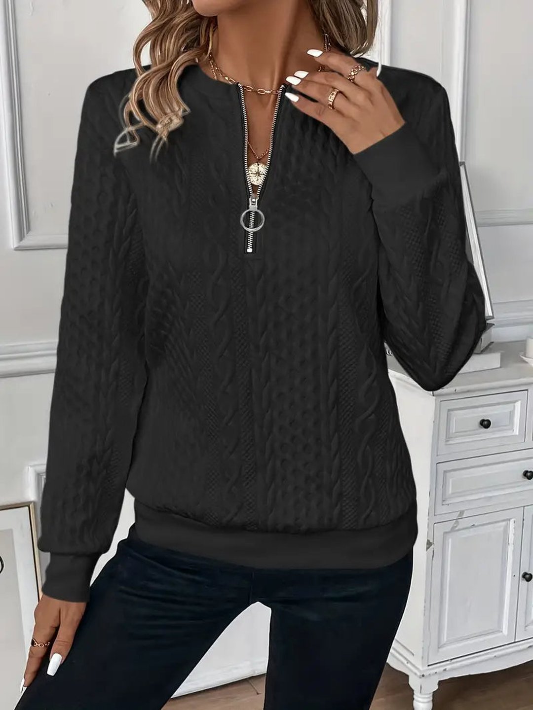 Women's Textured Knit Quarter Zip Jumper Flattering Fit