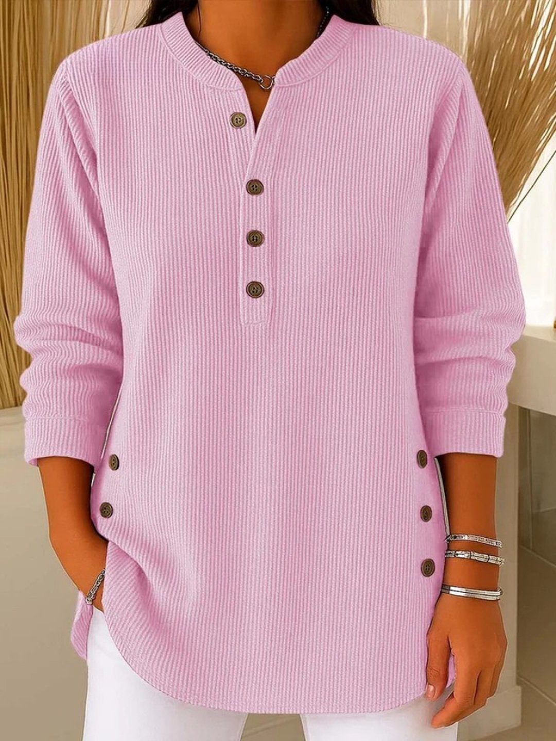 Women's Button Henley Long Tunic Top Flattering Fit