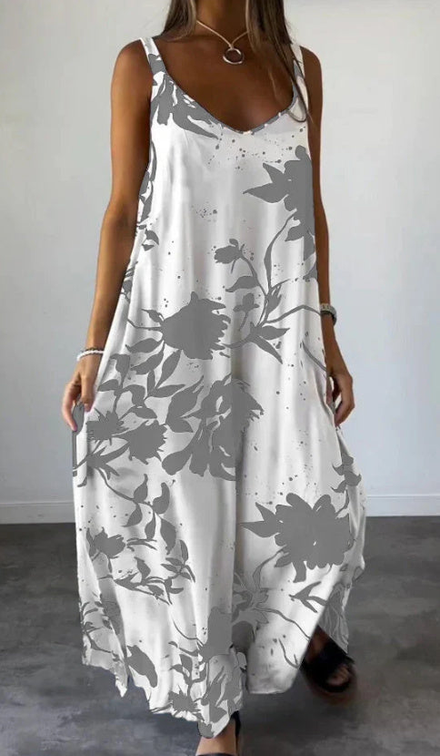 Printed Linen Strappy Maxi Dress