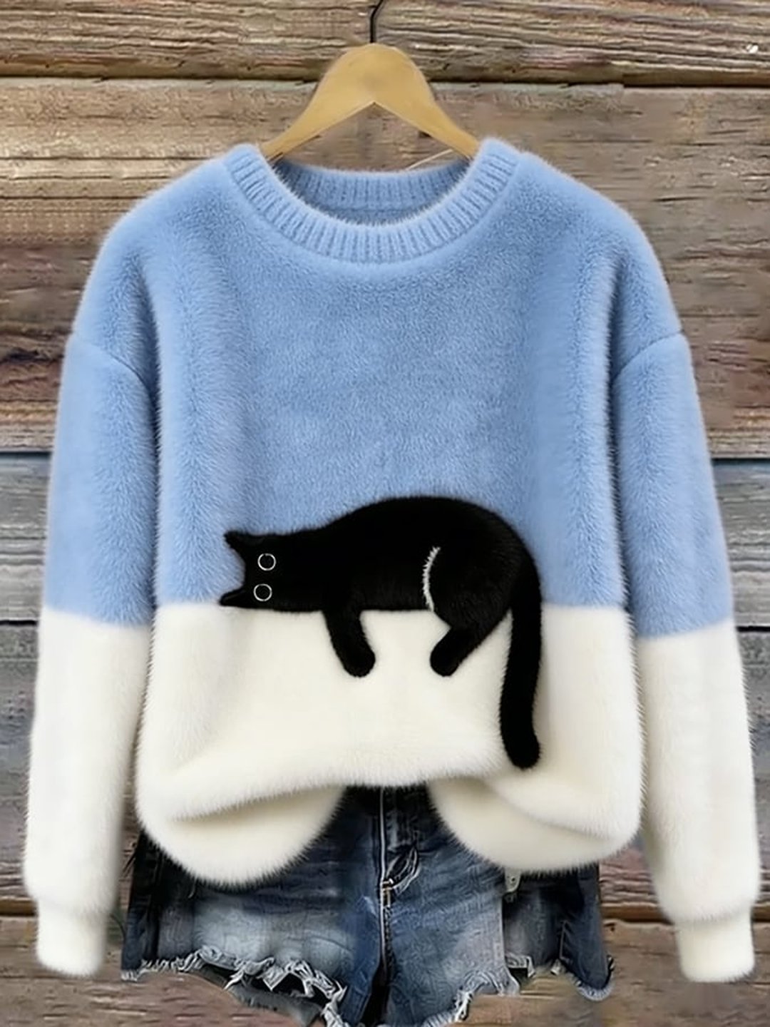 Women's Soft Knit Cat Print Pullover Sweater Oversized Fit