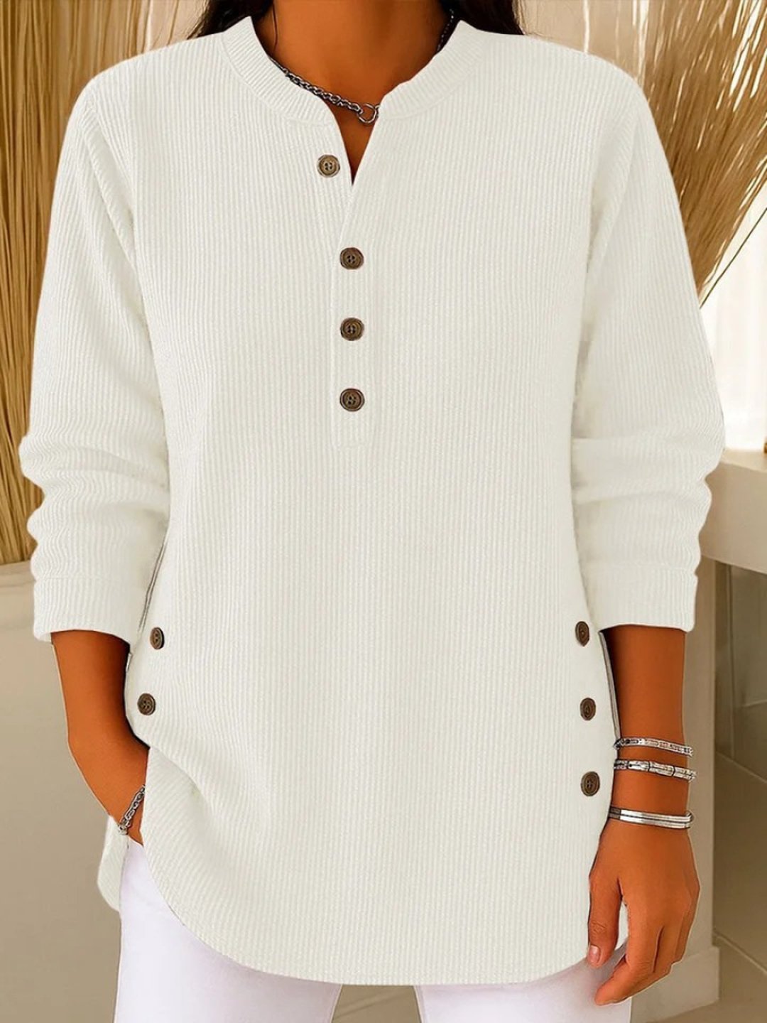 Women's Button Henley Long Tunic Top Flattering Fit