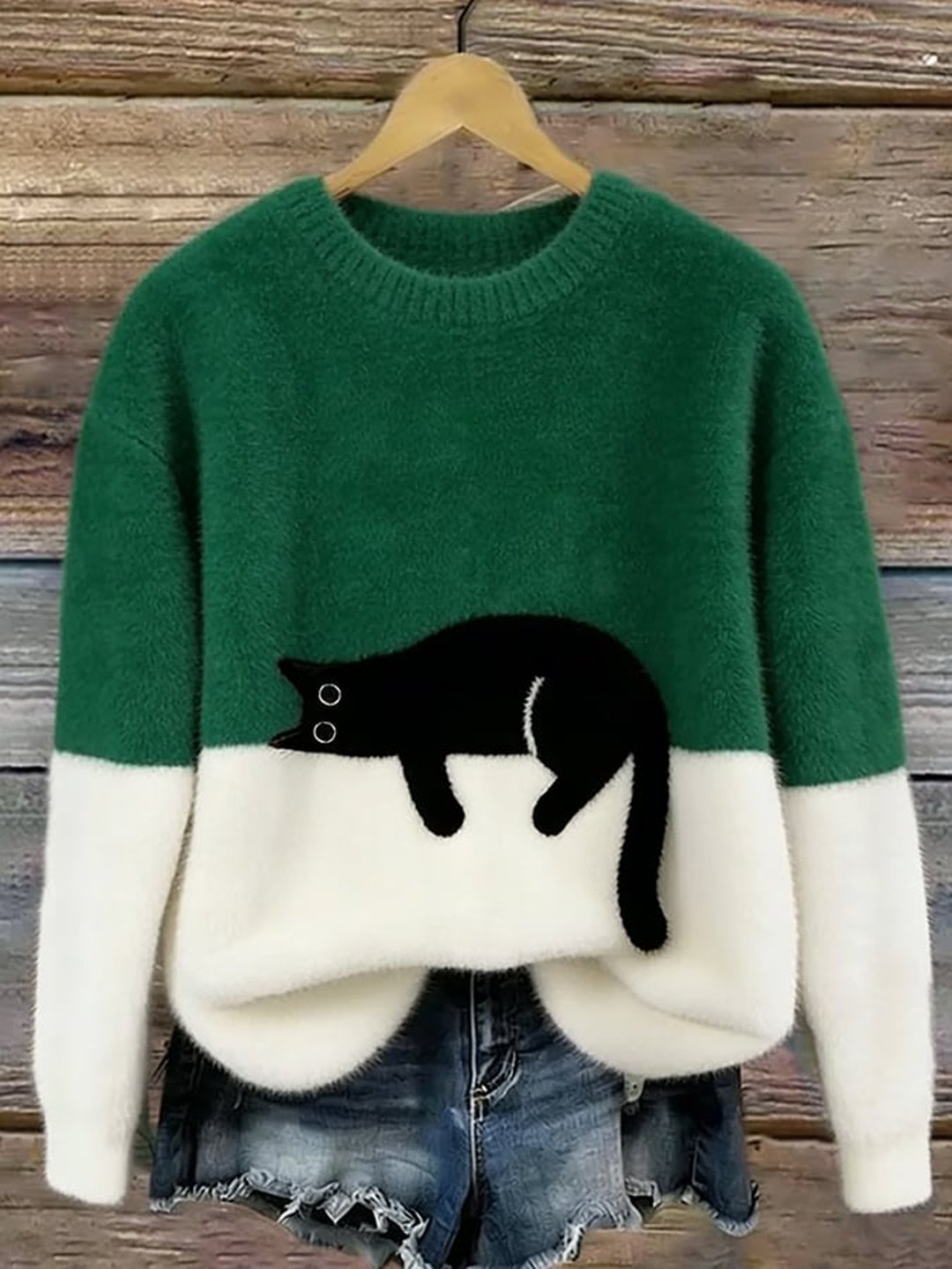 Women's Soft Knit Cat Print Pullover Sweater Oversized Fit