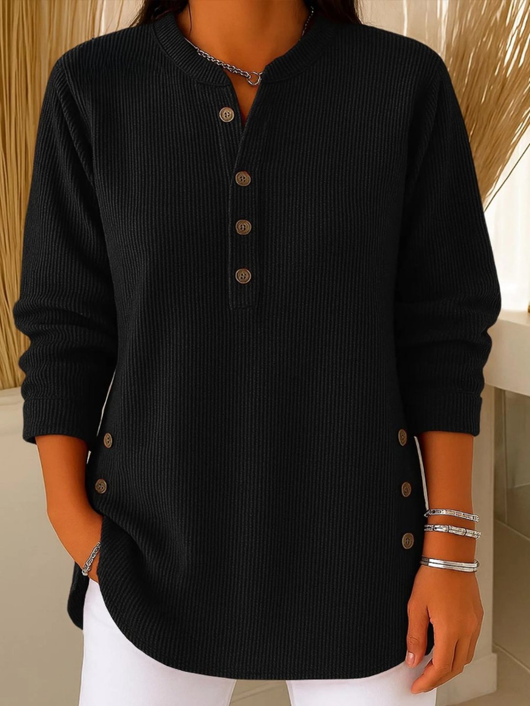 Women's Button Henley Long Tunic Top Flattering Fit
