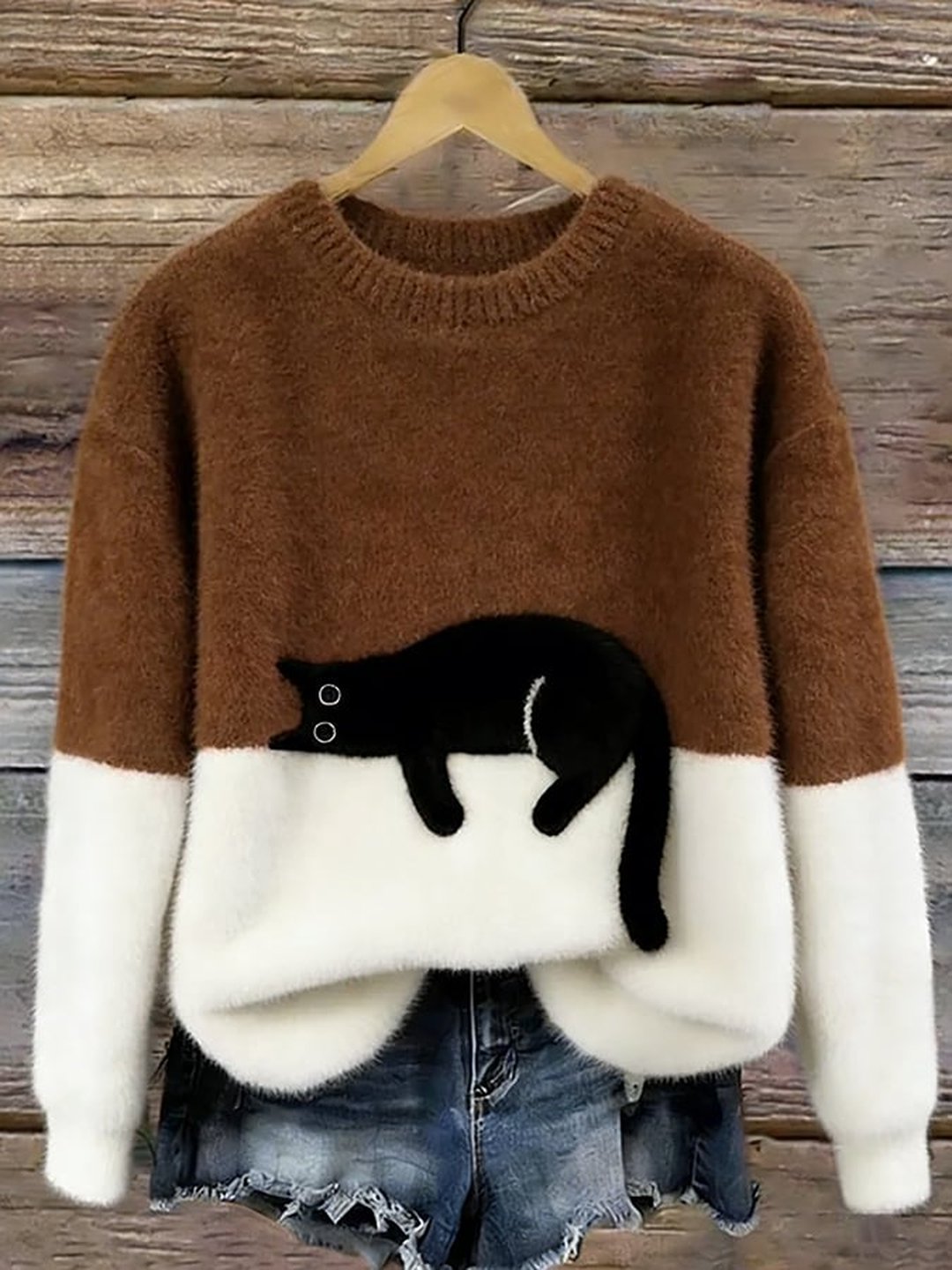 Women's Soft Knit Cat Print Pullover Sweater Oversized Fit