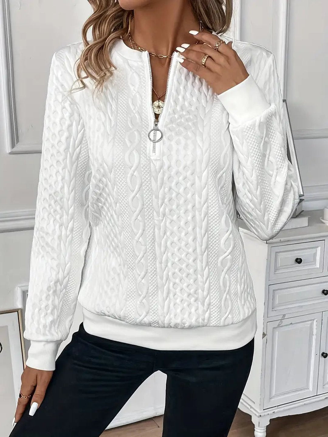Women's Textured Knit Quarter Zip Jumper Flattering Fit