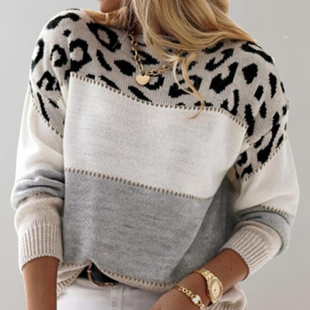 Women's Soft Knit Leopard Colour Block Sweater Flattering Fit