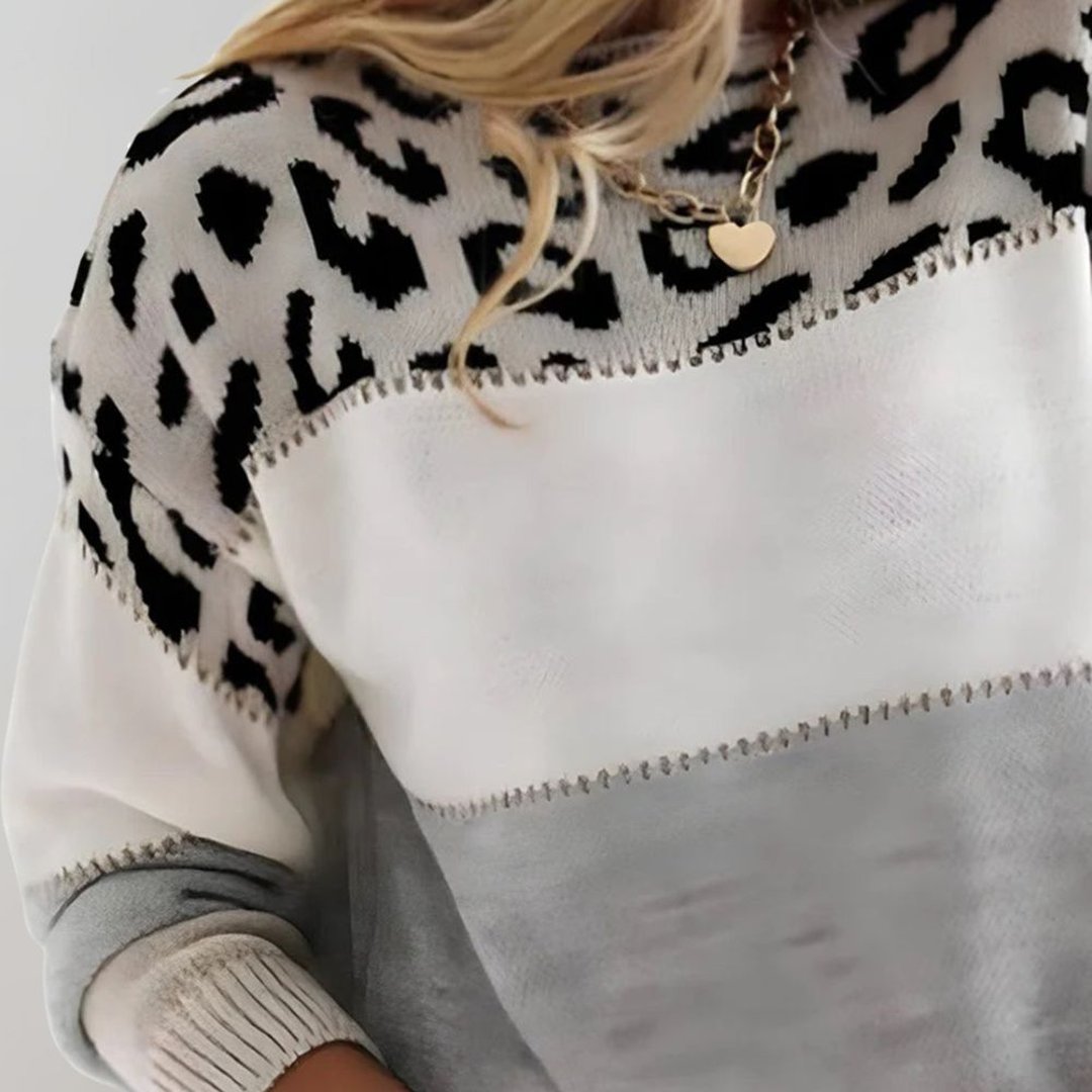 Women's Soft Knit Leopard Colour Block Sweater Flattering Fit