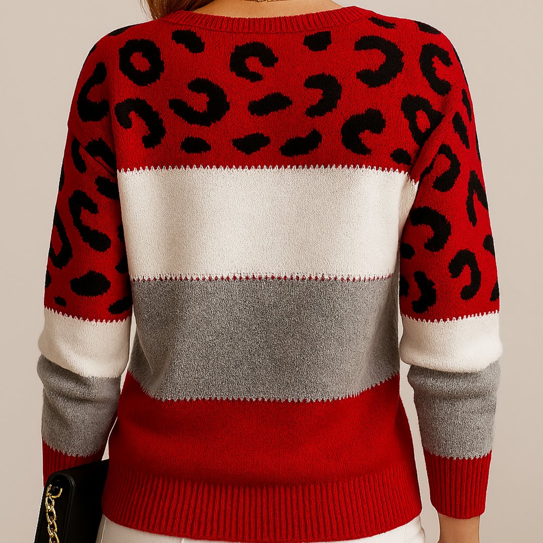 Women's Soft Knit Leopard Colour Block Sweater Flattering Fit