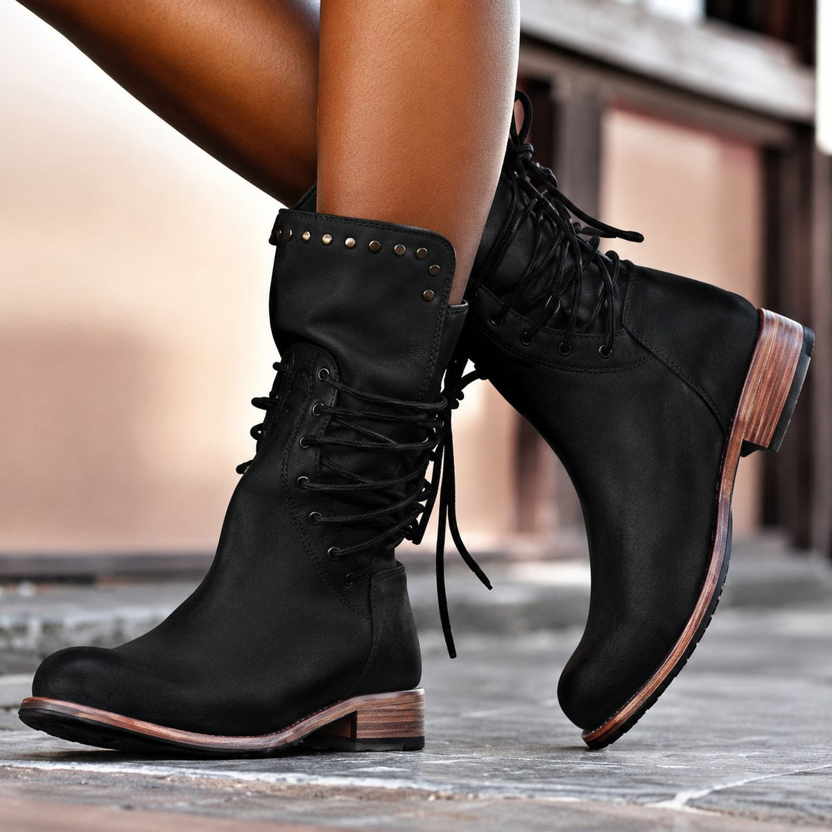 Women's Warm Fleece Lined Cross Tied Biker Boots
