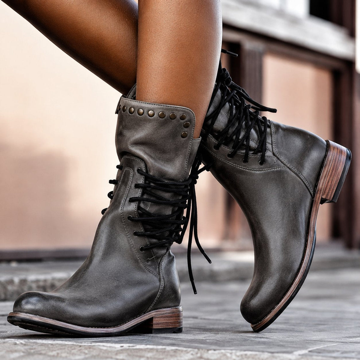 Women's Warm Fleece Lined Cross Tied Biker Boots