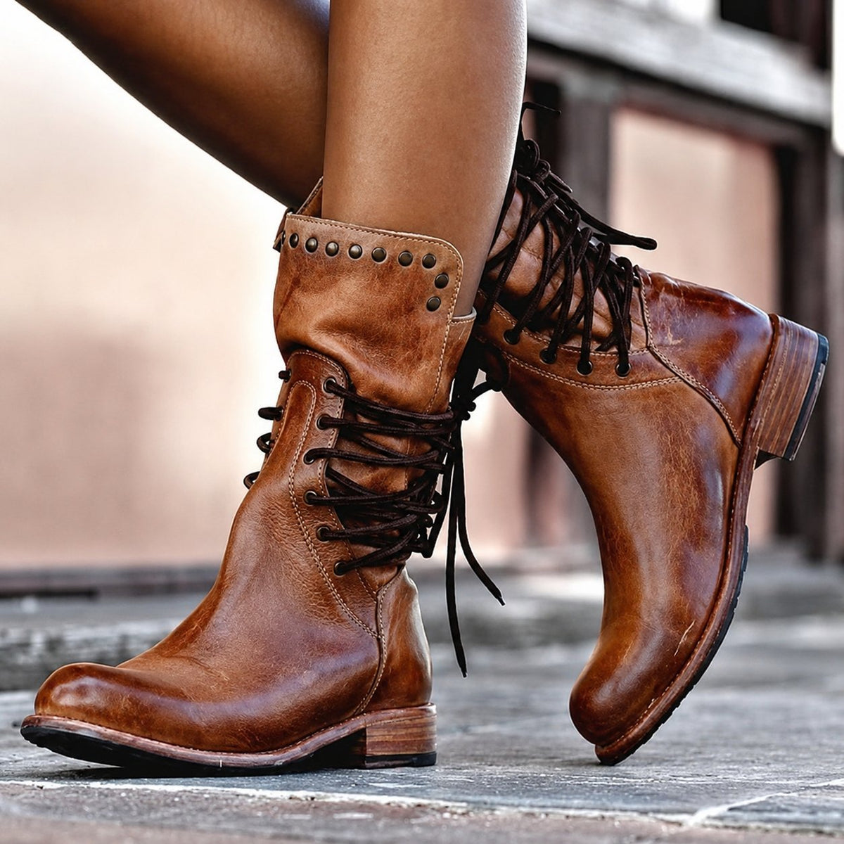 Women's Warm Fleece Lined Cross Tied Biker Boots