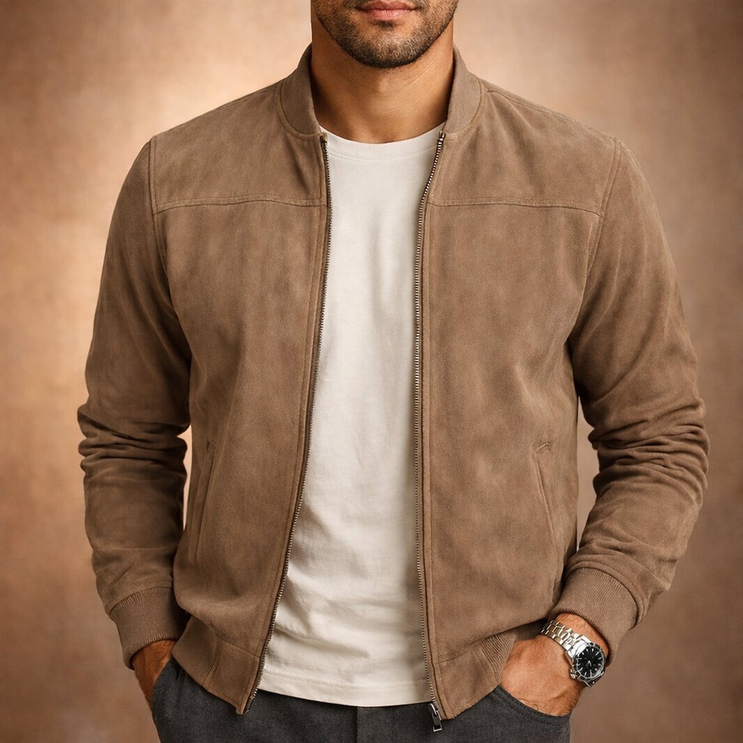 Men's Soft Suede Structured Bomber Jacket Tailored Fit