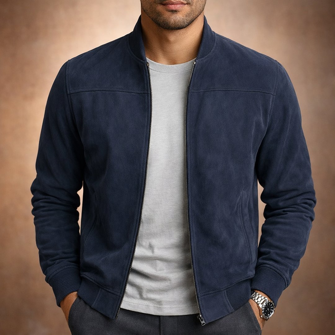 Men's Soft Suede Structured Bomber Jacket Tailored Fit