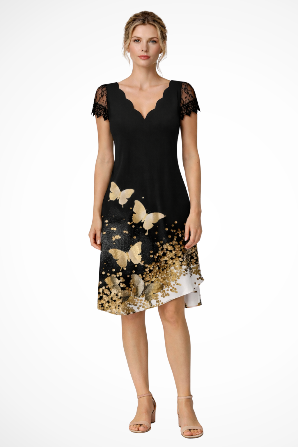 Lace-Sleeve Wedding Guest Midi Dress