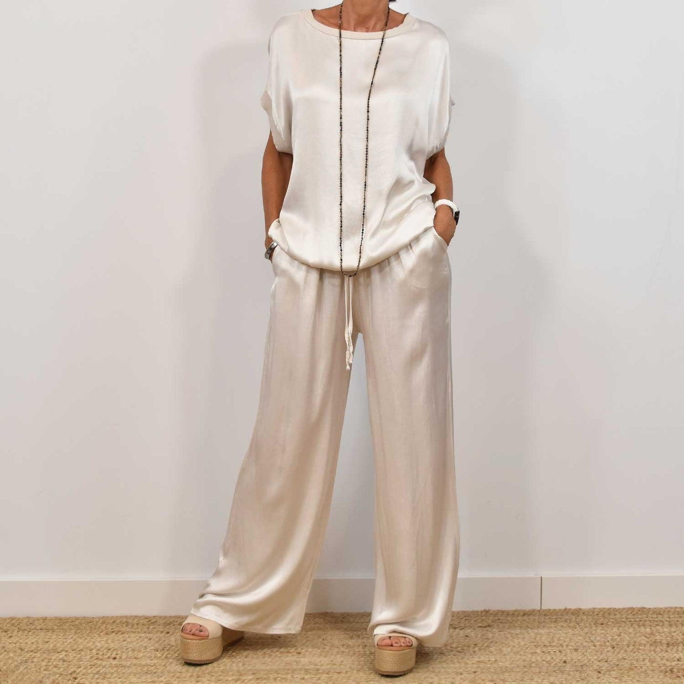 Satin Top and Wide-Leg Trouser Set