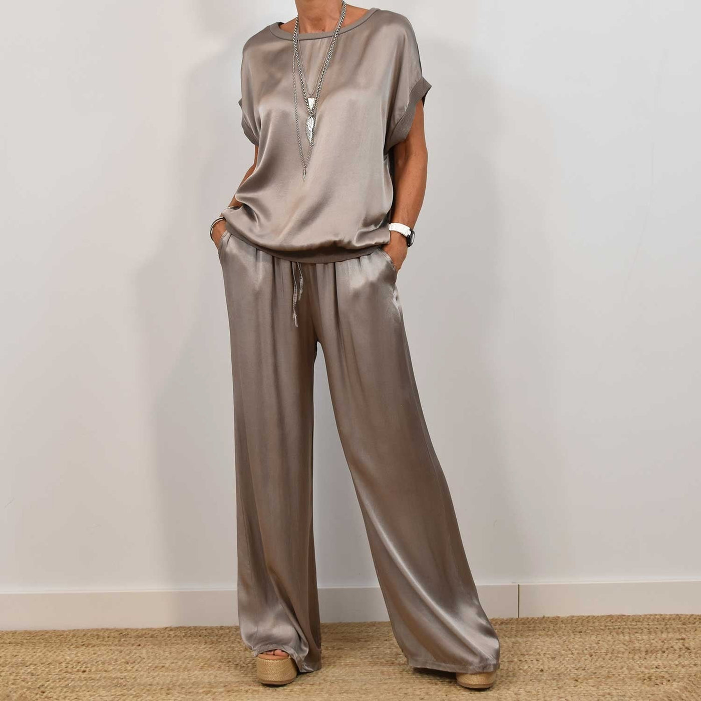 Satin Top and Wide-Leg Trouser Set