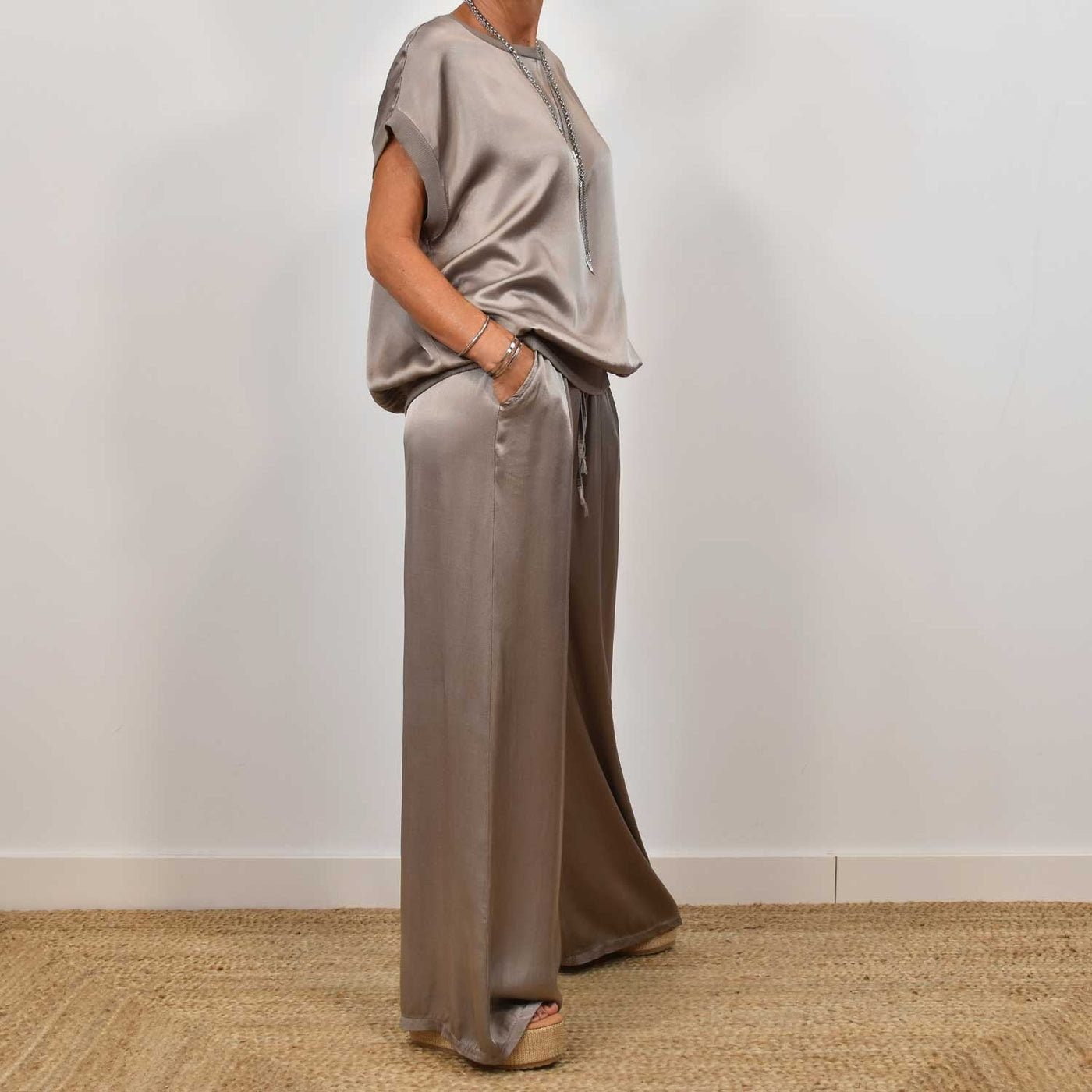 Satin Top and Wide-Leg Trouser Set