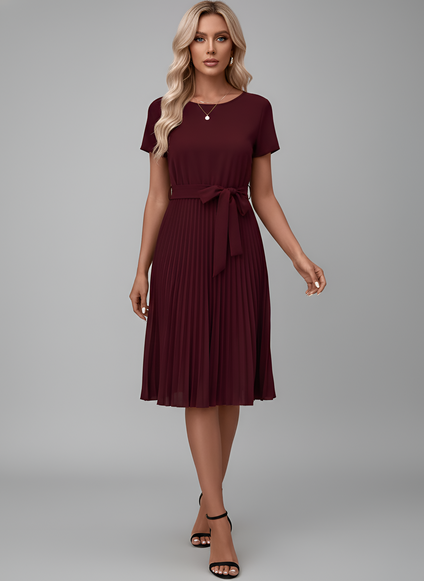 Belted Pleated Midi Dress