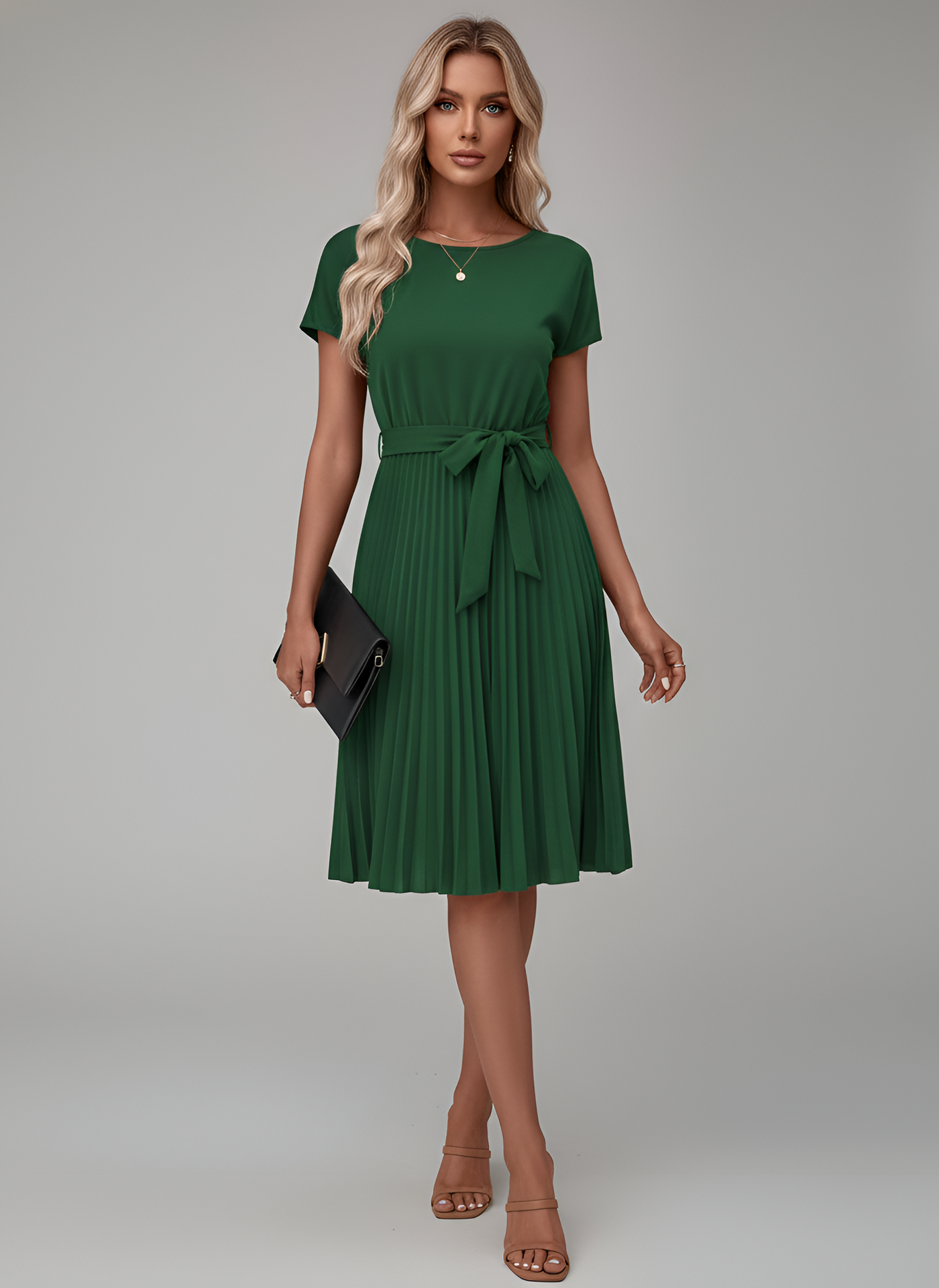 Belted Pleated Midi Dress
