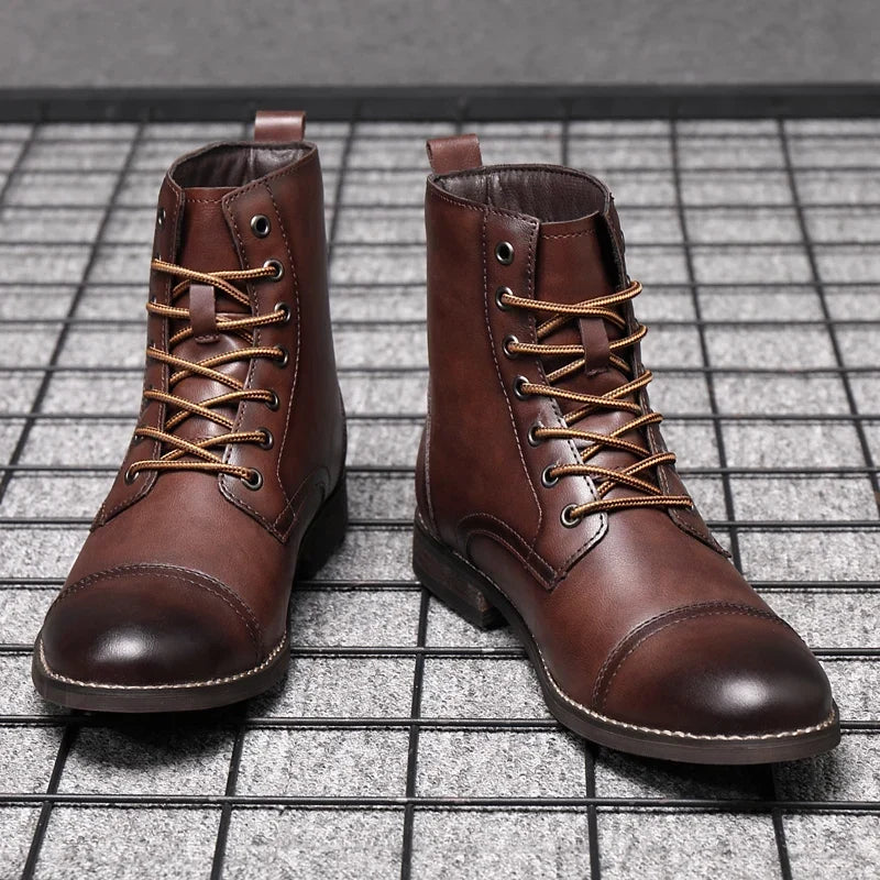 Men's Burnished Leather Cap Toe Lace Up Boots