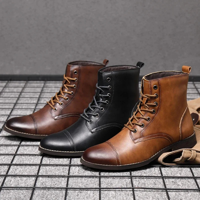 Men's Burnished Leather Cap Toe Lace Up Boots