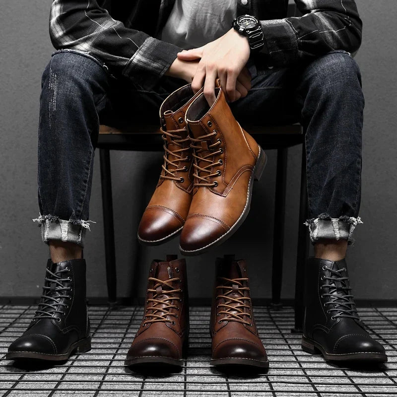 Men's Burnished Leather Cap Toe Lace Up Boots