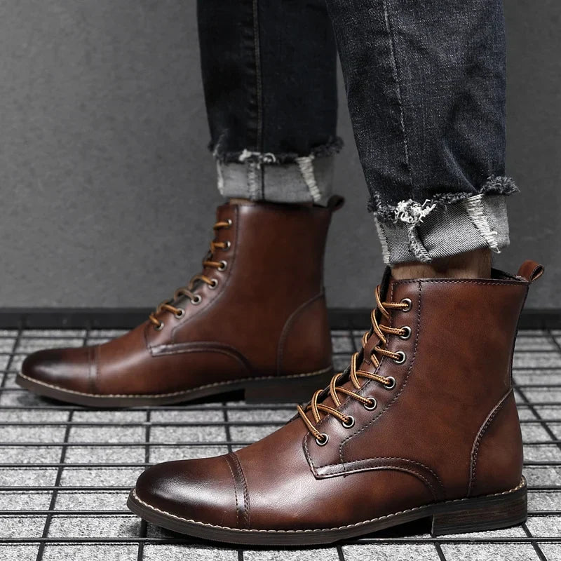 Men's Burnished Leather Cap Toe Lace Up Boots