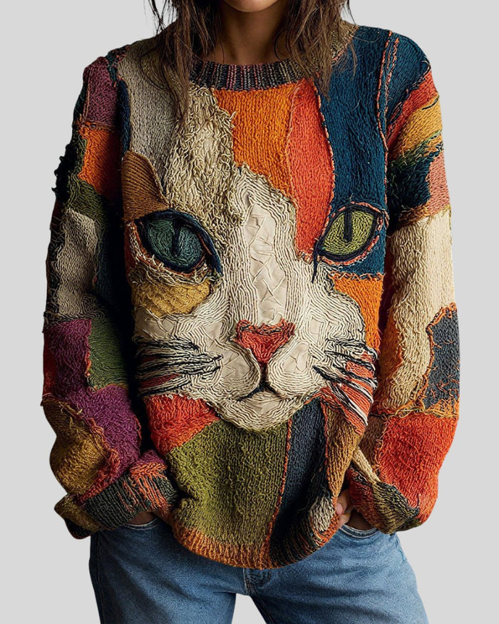 Women's Illustrated Cat Print Statement Top Flattering Fit