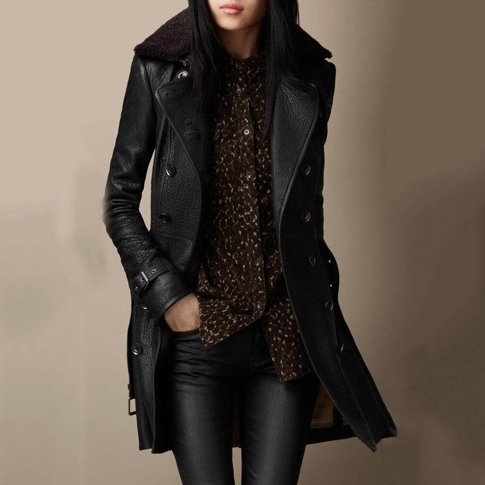Women's Grain Leather Long Trench Coat Tailored Fit Black