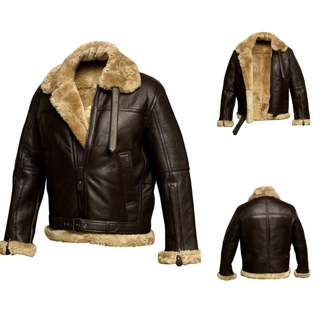 Men's Sheepskin Lined Genuine Leather Jacket Brown