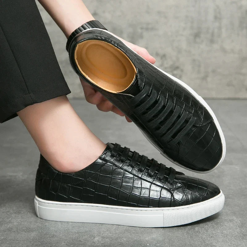 Men's Genuine Leather Croc Texture Low Top Sneakers