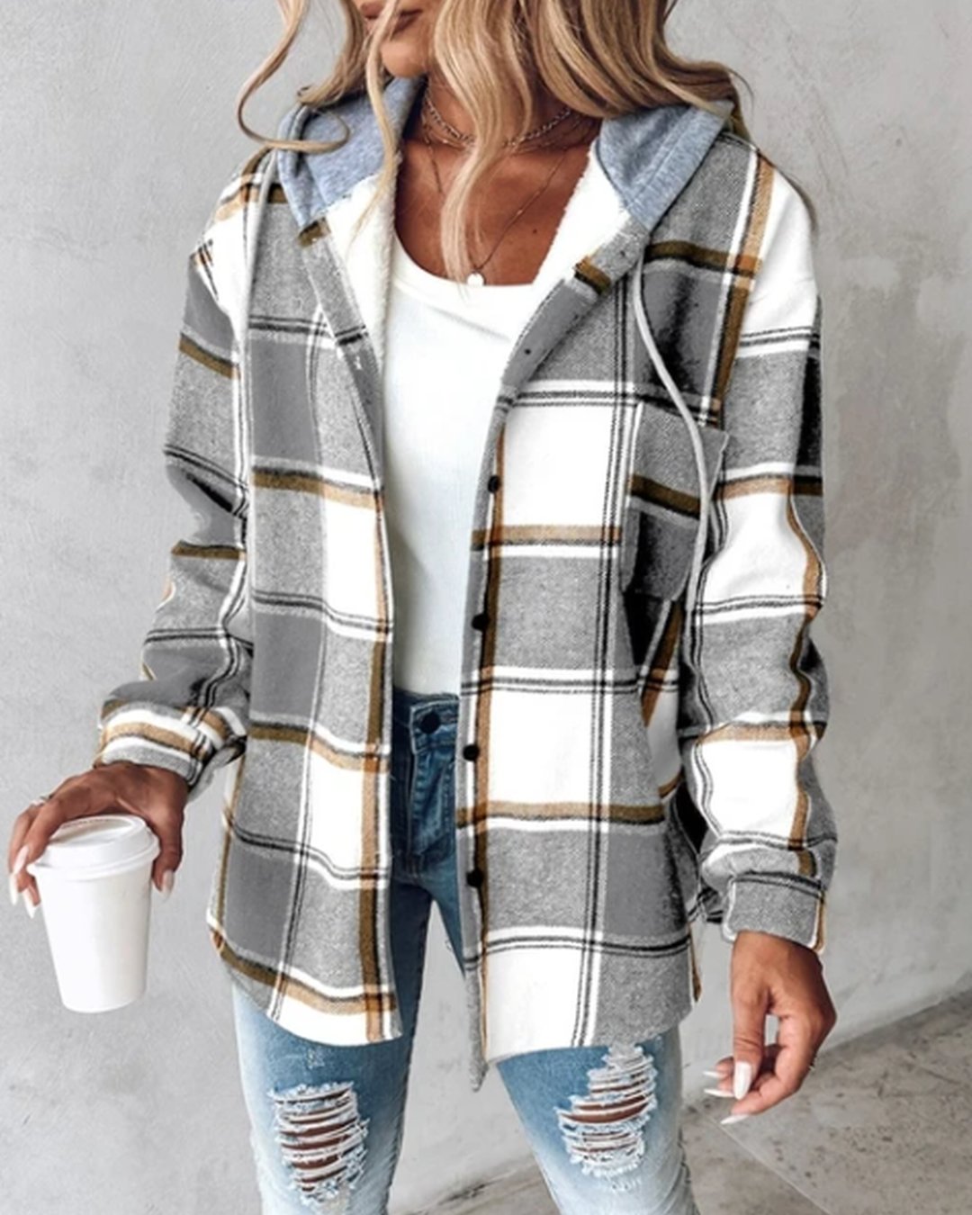 Women's Soft Plaid Print Button Front Casual Hoodie