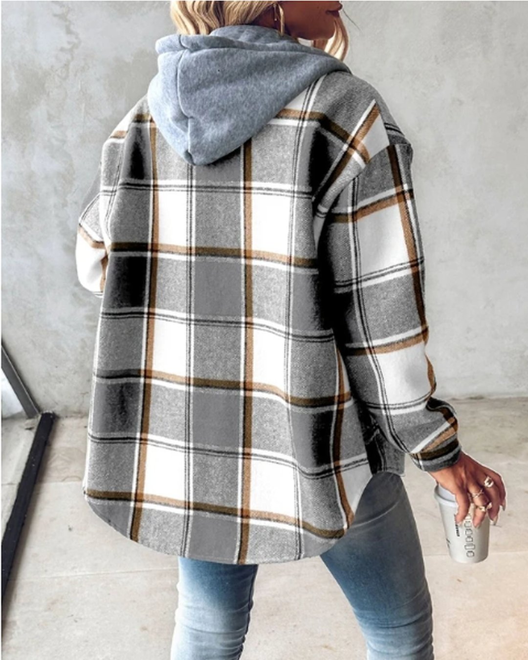 Women's Soft Plaid Print Button Front Casual Hoodie