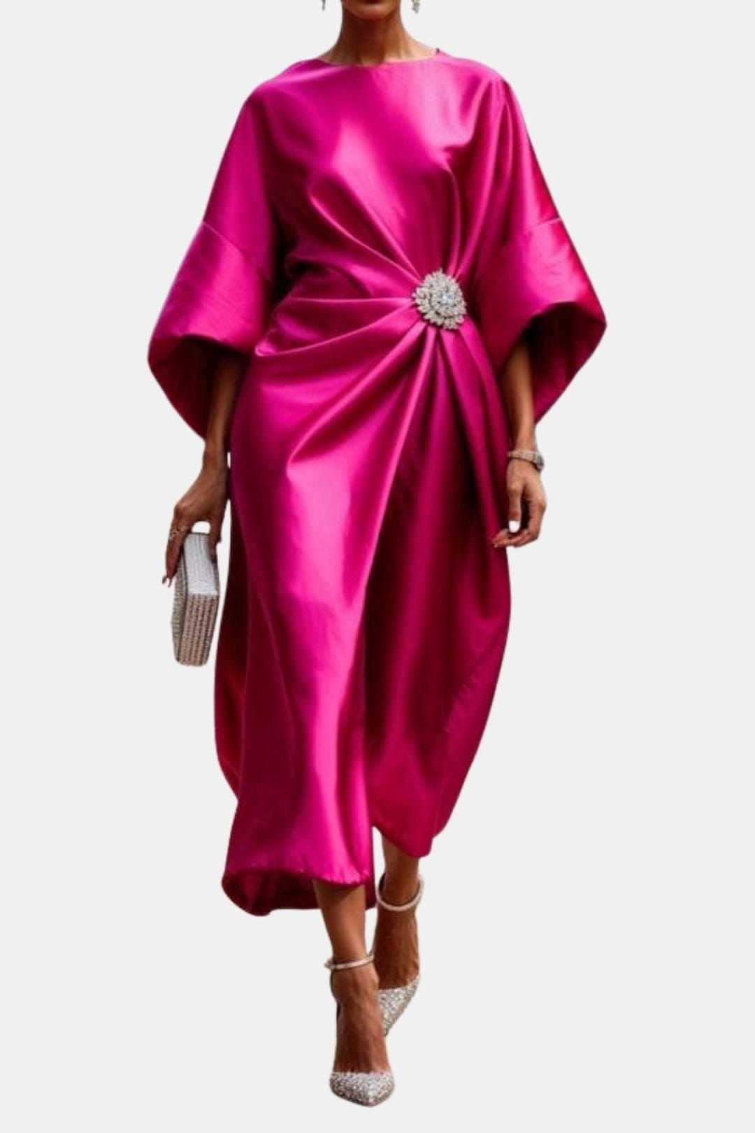 Wide-Sleeve Satin Maxi Dress
