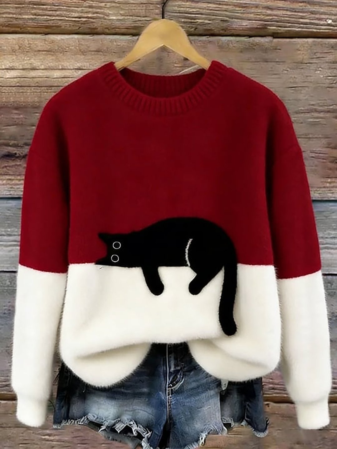 Women's Soft Knit Cat Print Pullover Sweater Oversized Fit