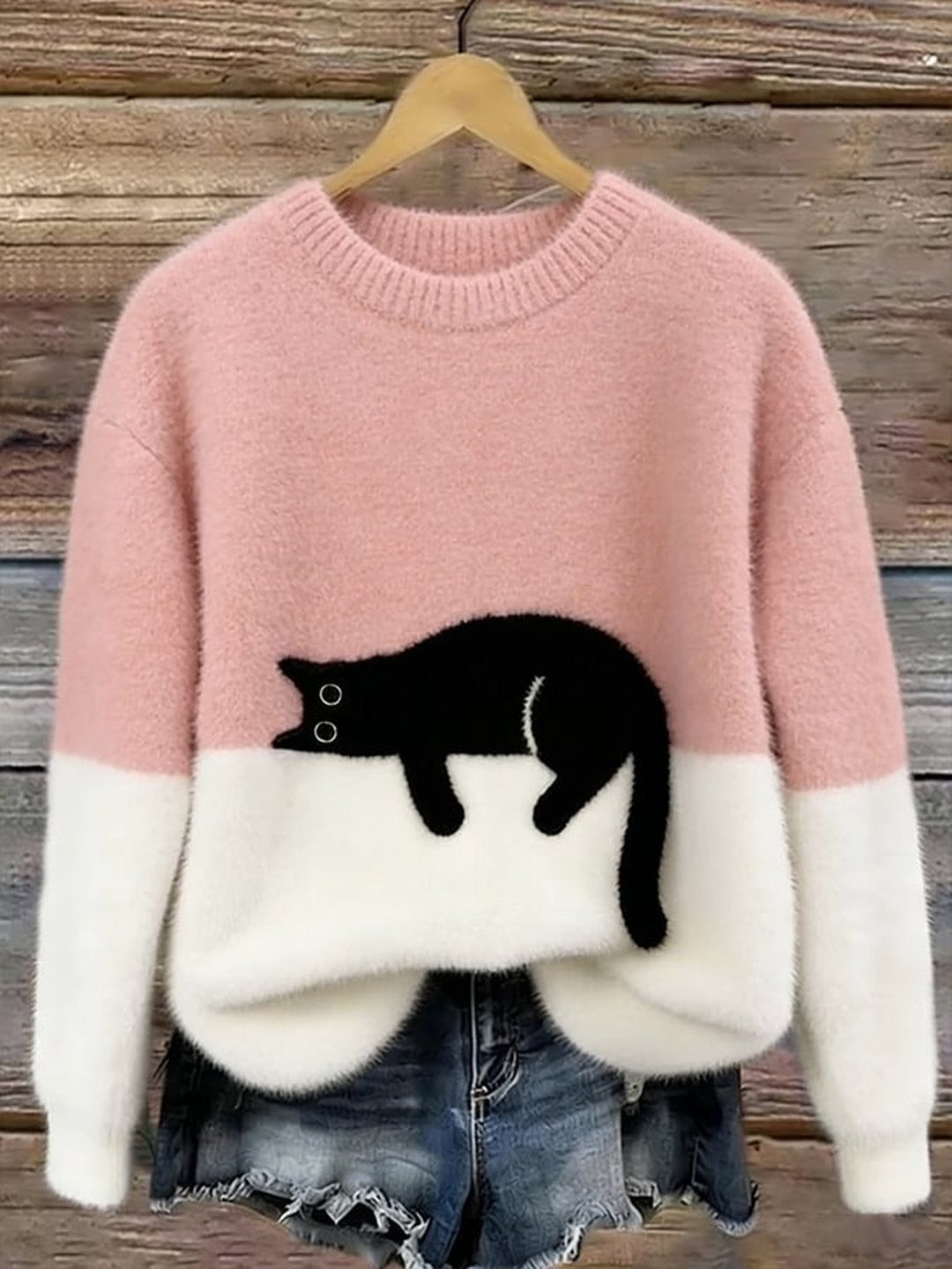 Women's Soft Knit Cat Print Pullover Sweater Oversized Fit