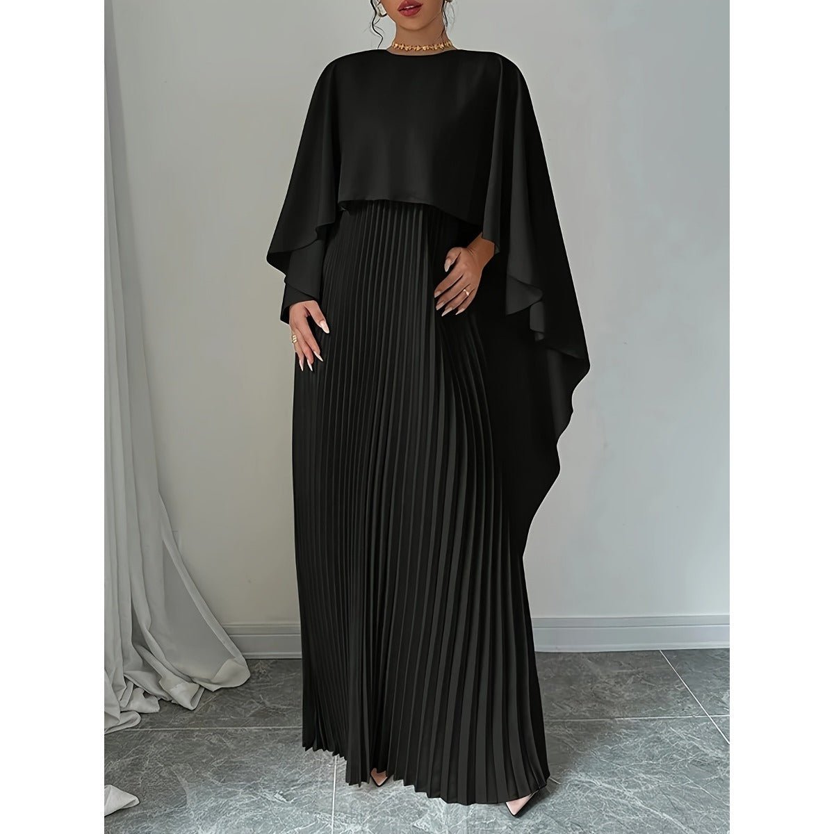High-Neck Pleated Chiffon Maxi Dress